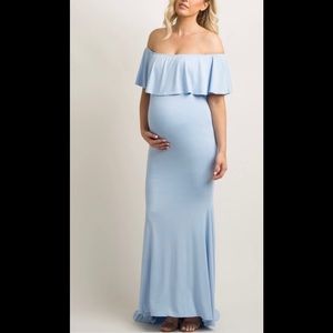 Pink Blush Off the Shoulder Light Blue Maxi